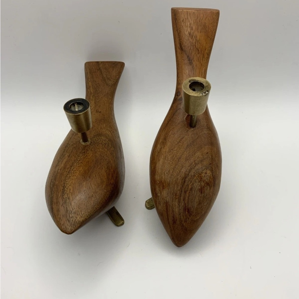 Wood Teak Danish Bird Candleholders With Brass Feet MCM - Picture 5 of 6
